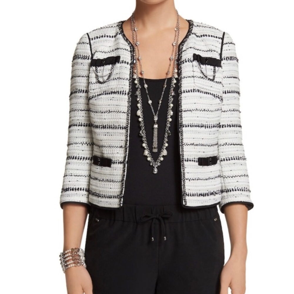 White House Black Market Black and White Tweed Blazer, Boxy Cut, Size 10